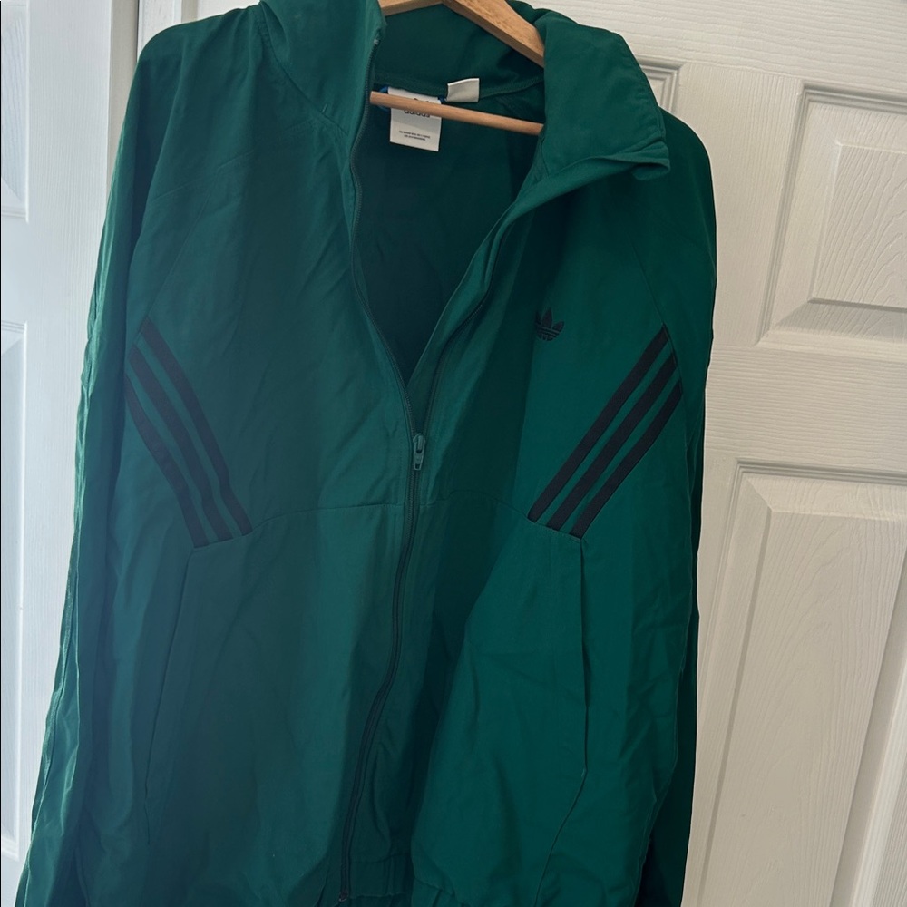 adidas Dark Green Windbreaker Jacket with Black Stripe Accents - Picture 6 of 6